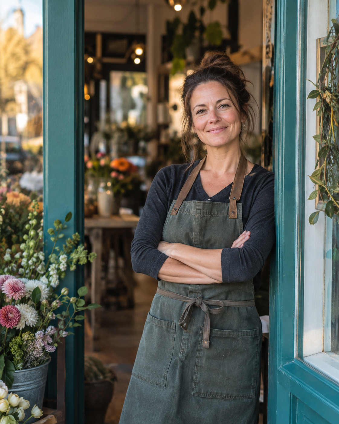 A florist and small-business owner standing in the doorway of her shop.